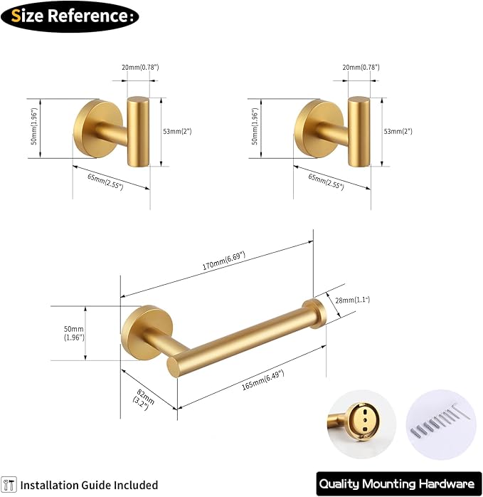 GERZWY Bathroom 3-Piece Accessories Hardware Set Gold Stainless Steel - 2X Coat Hook Toilet Paper Holder AG1401B-BE