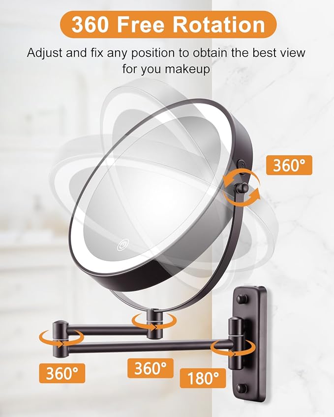 DECLUTTR 9 Inch Wall Mounted Lighted Makeup Mirror, Double-Sided Magnifying Mirror 1x/10x, 3 Colors Lighted Makeup Mirror, Touch Dimmable 360° Rotation Foldable Light Up Mirror, Bronze