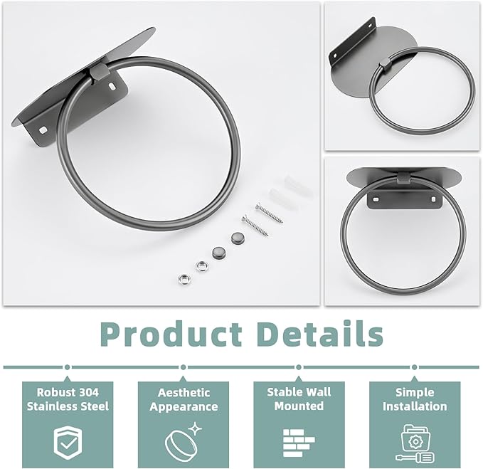 APLusee Gunmetal Gray Towel Ring with Shelf, 304 Stainless Steel Bathroom Towel Holder, Wall Mounted Swivel Loop for Kitchen Shower, Rustproof & Easy to Install