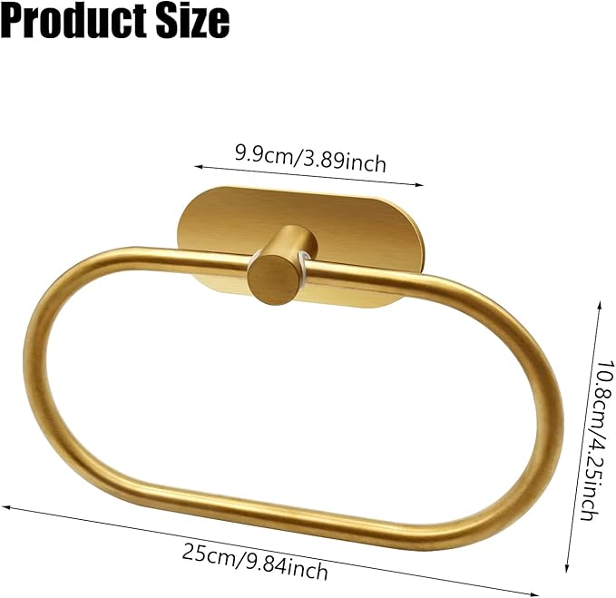 Self Adhesive Towel Ring, Brushed Gold Adhesive Hand Towel Holder Stainless Steel Oval Hand Towel Ring No Drilling Modern Hand Towel Hanger for Bathroom Kitchen Accessories