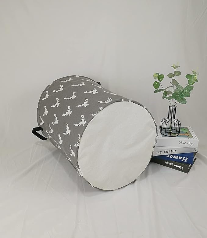 KUNRO Round Laundry Gift Basket Storage Hamper, Clothes Storage Organizer Bins, Shelf Basket with Handles for Room Decor (Grey deer)