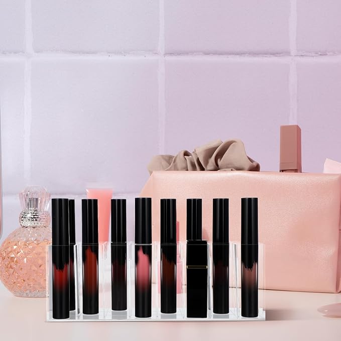 24-Slot Acrylic Lipstick Organizer - Transparent Makeup Storage Case for Lip Gloss Brushes and Cosmetics - Stylish Desktop Display Rack