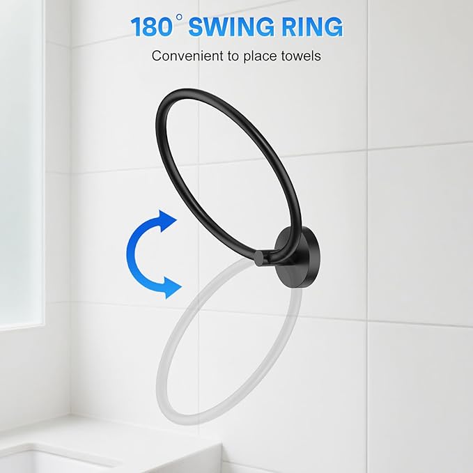 Hand Towel Holder Screw-in Matte Black Towel Ring for Bathroom Wall Stainless Steel Round Towel Hanger for Bathroom Hardware Accessories