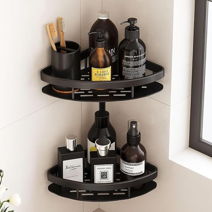 Self Adhesive Aluminum Corner Shelf for Bathroom & Kitchen | Wall Mounted Storage Rack Organizer | No Drilling Bathroom Accessories Holder (Black,Pack of 2)