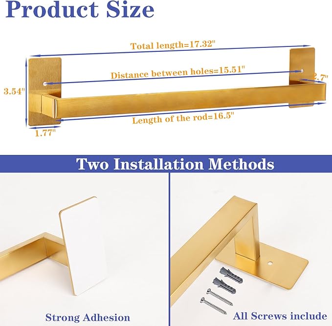 Bathroom Towel Bar Self Adhesive, No Drilling Towel Rack Easy to Install,Hand Towel Holder Made of Premium Stainless Steel Sticky on Hand Towel Hanger for Kitchen, Toilet.(16IN, Gold)