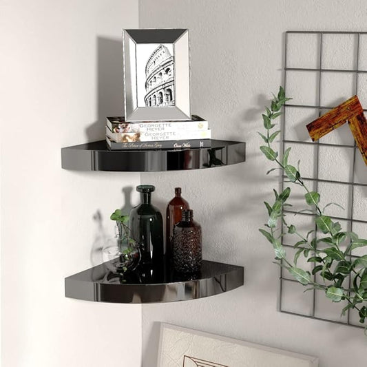 Floating Corner Shelves 2-Pack 9.8"x9.8" High Gloss Black Wall-Mounted Storage Shelves with Invisible Bracket for Bathroom Bedroom Living Room