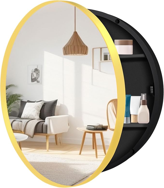 20 Inch Round Medicine Cabinet with Mirror, Gold Bathroom Medicine Cabinet for Wall Metal Framed, Surface Mount Only Circular Storage Cabinet with Vanity Mirror