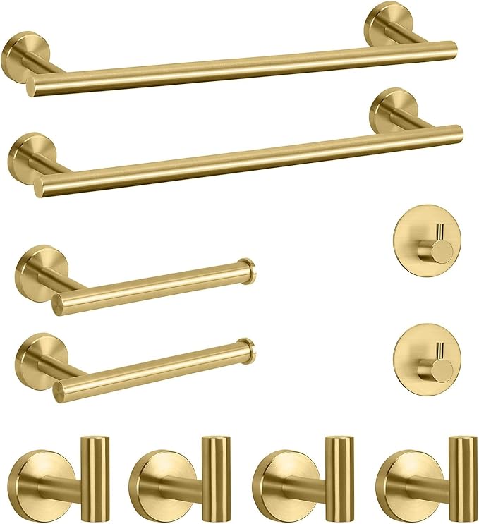 NearMoon Bathroom Hardware Set SUS 304 Thicken Stainless Steel-Towel Bar Set Include 16" Towel Rod, Toilet Paper Holder, Multifunctional Hooks Bathroom Accessories (Brushed Gold, 10 Pcs)