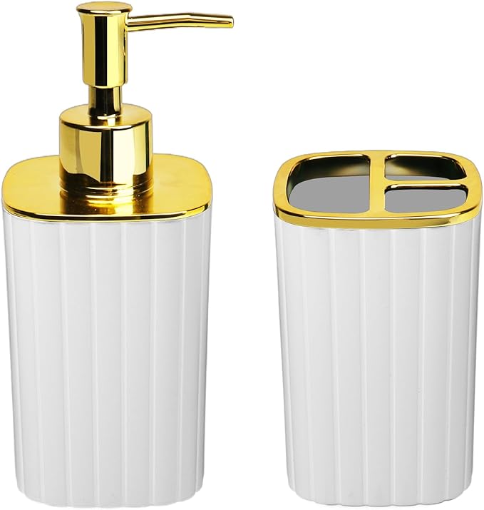 2Pack Bathroom Accessories Set, White Bathroom Set. Bathroom Toothbrush Holder Set, Includes Dispenser and Toothbrush Holder. Bohemian Bathroom Accessories
