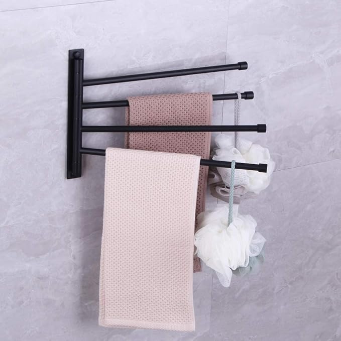 Swivel Hand Towel Bar Bathroom Swing Hanger Towel Rack Holder Matte Black Finish, Wall Mounted, 4-Arm