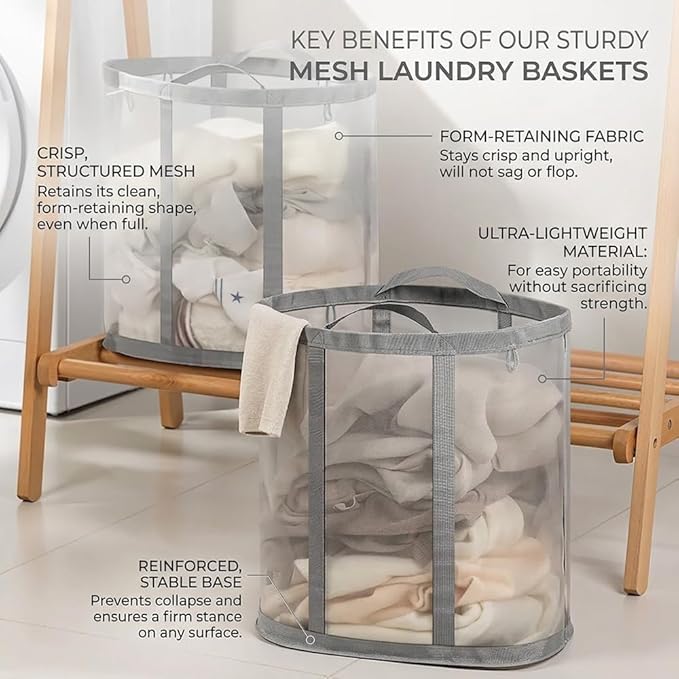 [2-Pack] Wall-Mounted Foldable Laundry Basket, 41L Collapsible Mesh Hamper (Each) with Reinforced Handles, Hanging Storage Bag for Bathroom, Dorm, Travel & Sports, Space-Saving Grey
