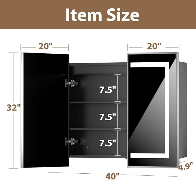LOVMOR Led Medicine Cabinet with Mirror, Bathroom Vanity Mirror Cabinet with Shelves, 3-Color Lights Dimmer, Silver 32" H x 40" W