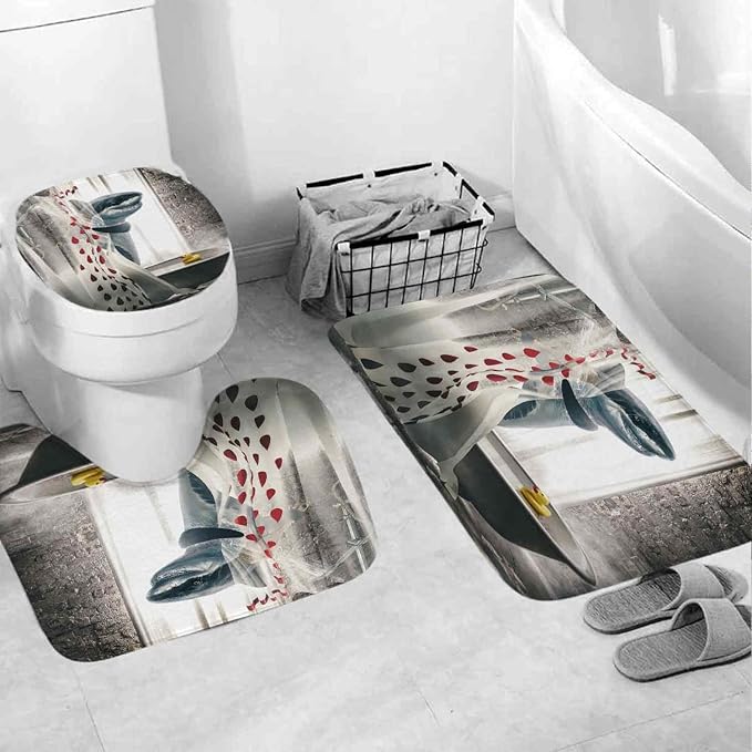4 Pcs Funny Shark Shower Curtain Sets, Cool Animal Waterproof Polyester Fabric with Non-Slip Rugs, Funny Bathroom Decor Set with 12 Hooks, 72" x 72"