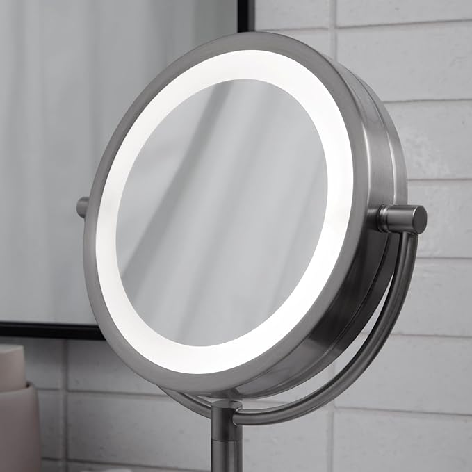 JERDON Lighted Tabletop Mirror with 10X/1X Magnification - LED Lighted Makeup Mirror with Multiple Light Settings in Chrome Finish - 8.5-Inch Diameter Vanity Mirror - Model JS8510BC