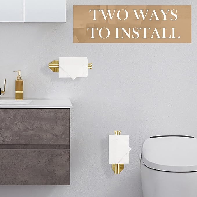 JOPOFI Toilet Paper Holder - Self Adhesive Toilet Paper Holder Wall Mount for Bathroom, SUS 304 Stainless Steel Command Strip Toilet Paper Roll Holder Stick On Wall, No Drilling - Brushed Gold（2 Pcs）