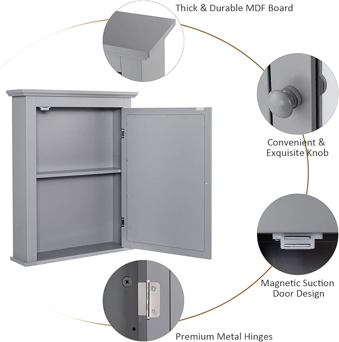 Tangkula Bathroom Cabinet with Mirror, Mirrored Wall-Mounted Storage Medicine Cabinet w/Single Door & Adjustable Shelf in 5 Positions, Multipurpose Wall Cabinet for Bathroom (Gray)