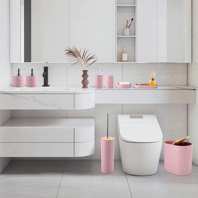 XLHOMO Pink Bathroom Set, Pink Bathroom Accessories Set with Trash Can, 2PCS Soap Dispensers, Soap Dish, Toothbrush Holder, Toothbrush Cup,Toilet Brush, Tray and Qtip Holders for Bathroom Decor