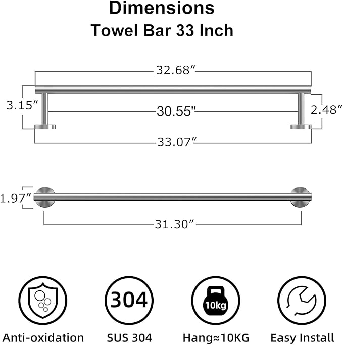 Bathroom Towel Bar, 33 Inch Towel Racks for Bathroom Wall Mounted, Heavy Duty Bathroom Towel Holder Organizer, Stainless Steel Home Towel Rod, Brushed Nickel