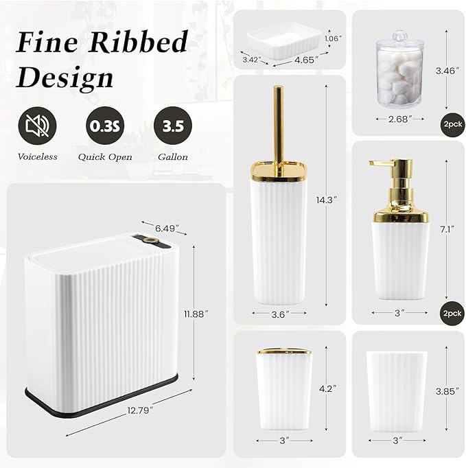 XLHOMO 9-Piece White Bathroom Accessories Set - Minimalist Matte Stripe Set with Slim Press-Top Trash Can, Soap Dispenser & Toothbrush Holder - Aesthetic Apartment Essentials