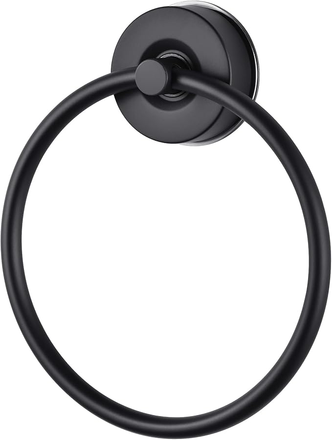 YOHOM Suction Cup Towel Ring Hand Towel Holder for Bathroom Vacuum Suction Washcloth Holder Dish Towel Hanger for Shower Wall No Drill Stainless Steel Matte Black, 1 PCS