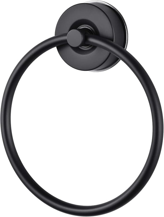 YOHOM Suction Cup Towel Ring Hand Towel Holder for Bathroom Vacuum Suction Washcloth Holder Dish Towel Hanger for Shower Wall No Drill Stainless Steel Matte Black, 1 PCS