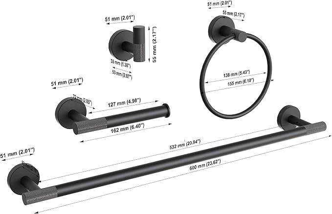 Marmolux 4-Piece Bathroom Hardware Set - Matte Black Knurled Stainless Steel SUS304 - Includes a stylish Towel Holder, a practical Toilet Paper Holder, and a very convenient Towel Hook. - Bathroom Kit