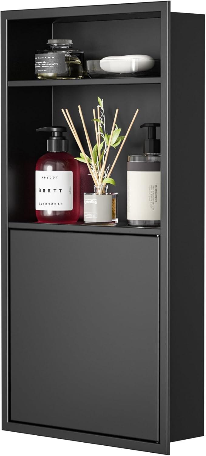 Recessed Medicine Cabinet with Door 24" X 12" Matte Black Wall Medicine Cabinets with 3-Tier Shelf 304 Stainless Steel Niche Shower for Bathroom Storage