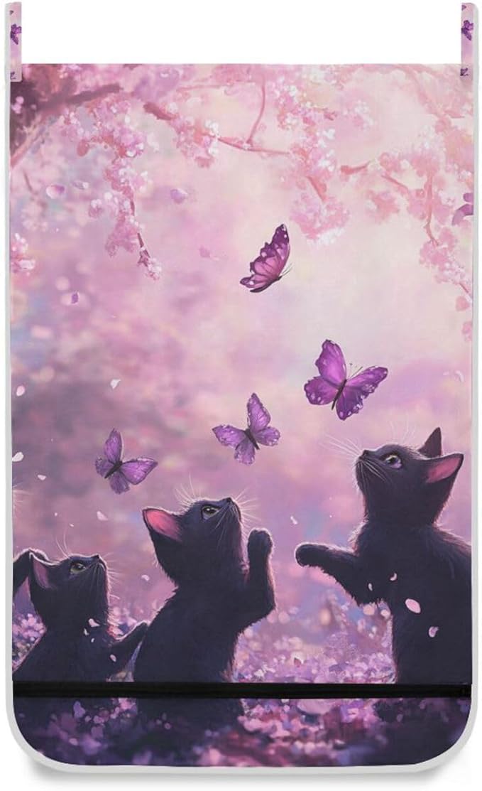 Hanging Laundry Hamper with Stainless Steel Hooks,Oxford Fabric Printing Door Laundry Clothes Bag, 29.5X20inch 1PCS Cherry Blossom Black Cats and Butterfly