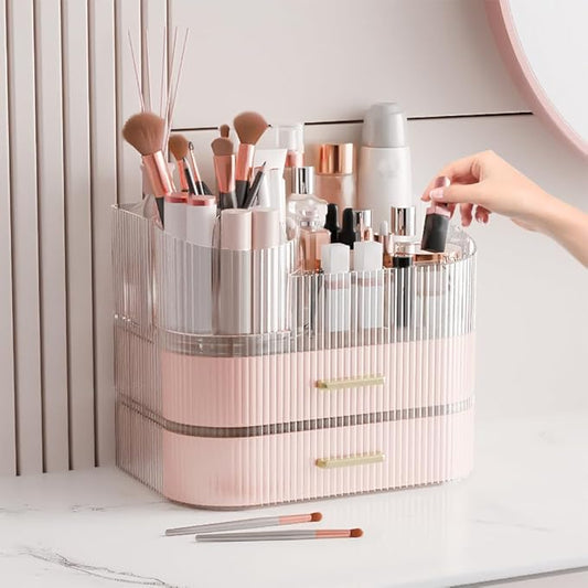 Makeup Organizer with Stackable Drawer, 360 Rotating Makeup Brush Holder, 11-inch Wide Large Cosmetic Display Case, Skincare Organizers and Storage for Dresser, Vanity, Bathroom Countertop