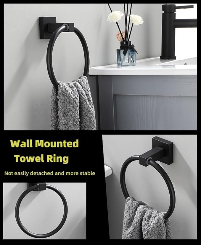 Towel Ring, Stainless Steel Hand Towel Holder,Modern Round Wall Hand Bathroom Washcloth Holder for Bathroom Kitchen,Matte Black