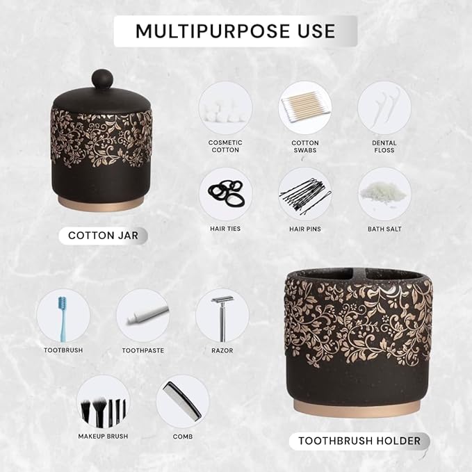 Decozen Bathroom Accessories 6Pcs Set, Soap Dispenser, Toothbrush Holders, Tumbler, Soap Dish & Cotton Swab Jar – Modern Bathroom Decor, Modern Farmhouse Decor, Countertop Accessories, Black