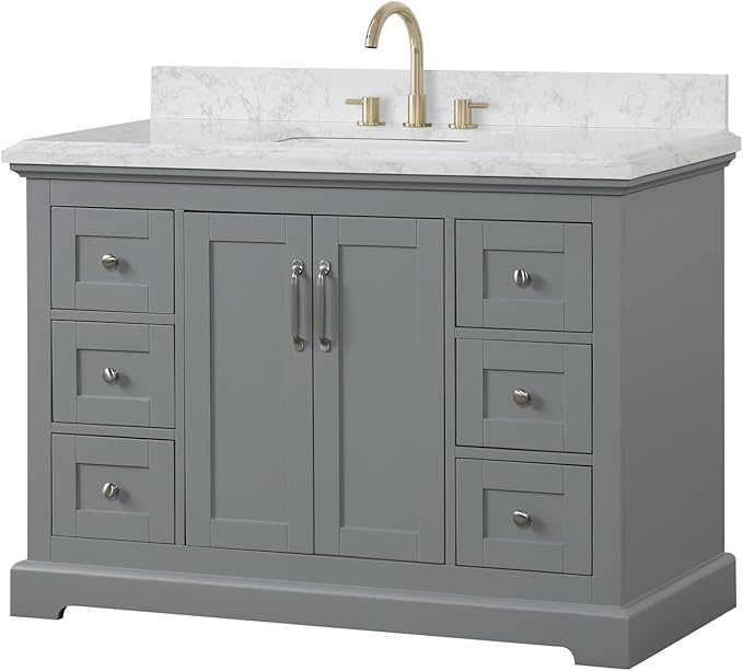 Mareo 48" Solid Wood Single Sink Bathroom Vanity | Marble Countertop & Backsplash | Soft Closing Doors & Drawers | Nickel Brushed Handles | Grey Cabinet & Undermount Ceramic Sink Top | Pre-Assembled