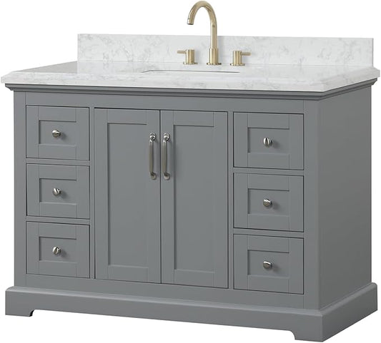 Mareo 48" Solid Wood Single Sink Bathroom Vanity | Marble Countertop & Backsplash | Soft Closing Doors & Drawers | Nickel Brushed Handles | Grey Cabinet & Undermount Ceramic Sink Top | Pre-Assembled