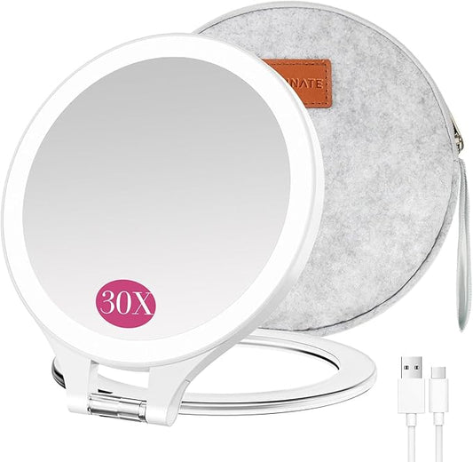 Magnifying Mirror with Light 30X/1X, Double Sided travel mirror with light, Rechargeable makeup mirror with 3 color setting Adjustable stand Lighted mirror Vanity Portable Desk Cosmetic Mirror