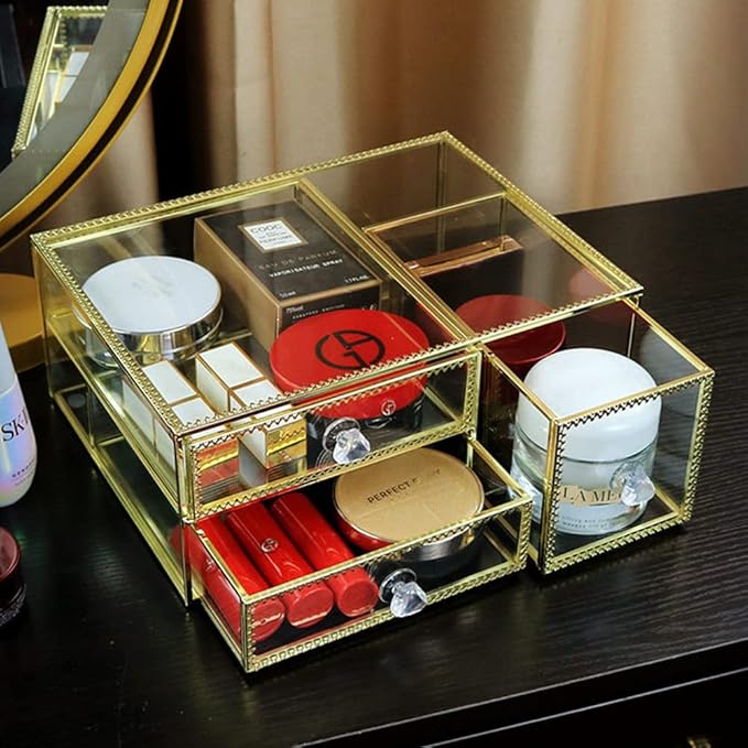 YUEHUA Makeup Organizer Glass Bathroom Countertop Vanity Cosmetic Organizer for Brushes Lipsticks Skincare
