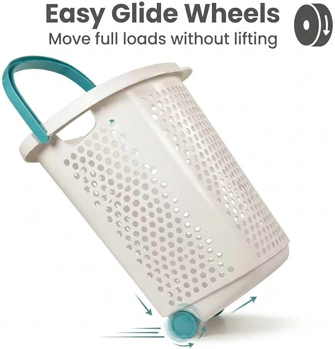 (2-Pack) 2 Bushels Wheeled Plastic Laundry Basket, Lightweight and Flexible, Equipped with Handles, Easy to Clean, Suitable for use in Homes, Dormitories, Bathrooms and Laundry Rooms.