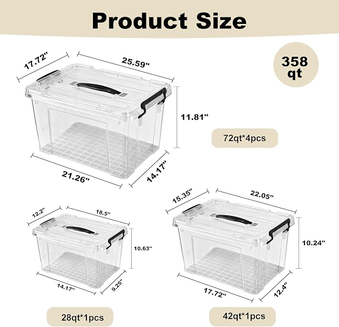 6 Pack (4 Pack-72 Qt, 1 Pack-42 Qt, 1 Pack-28 Qt) Clear Storage Bins with Lids, Stackable Plastic Organizer for Home, Office, Garage, BPA-Free, Heavy-Duty with Secure Latches & Handles