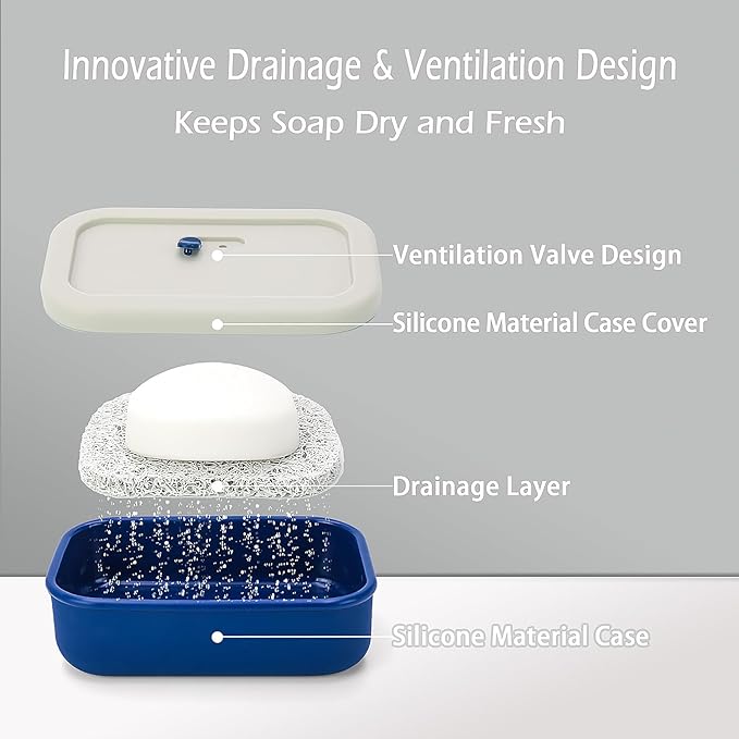 AIDIMMING Enhanced Leak Proof Travel Case with Lid, Large Silicone Container for Traveling,Shampoo Bar Holder, Soap Dish with Draining Layer, Bar Soap Caddy (Offwhite & Blue)