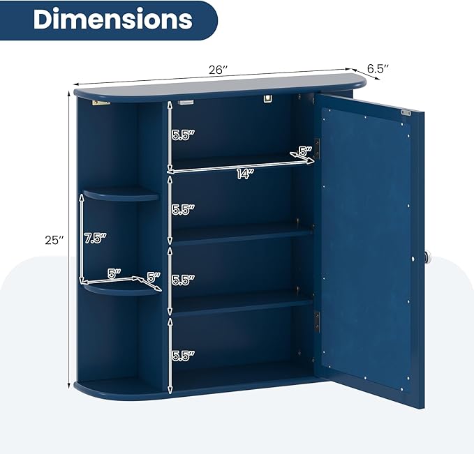 COSTWAY Medicine Cabinet with Mirror, Wall Mounted Bathroom Storage Cabinet with Mirror Door and Adjustable Shelves, Space-Saving Storage Organizer for Living Room Kitchen Entryway (Blue)