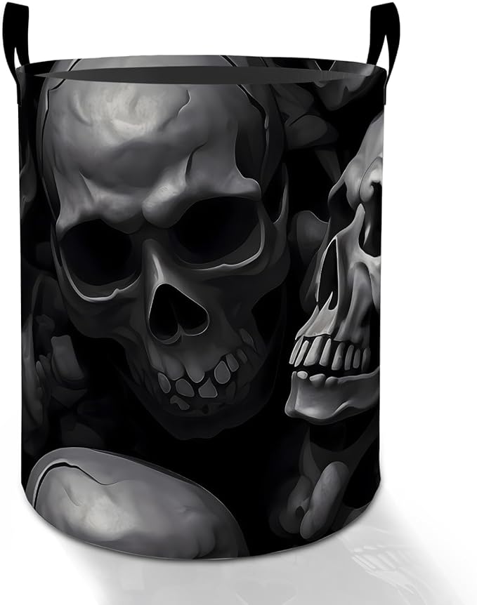 Gothic Skull Laundry Basket Hamper for Boys Girls Kids Adults, Foldable Waterproof Oxford Clothes Storage Bin, Dark Horror Skeleton Organizer for Bedroom Bathroom Room Decor 19.7"x15.8"