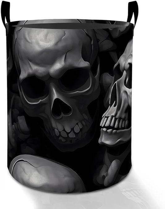 Gothic Skull Laundry Basket Hamper for Boys Girls Kids Adults, Foldable Waterproof Oxford Clothes Storage Bin, Dark Horror Skeleton Organizer for Bedroom Bathroom Room Decor 19.7"x15.8"