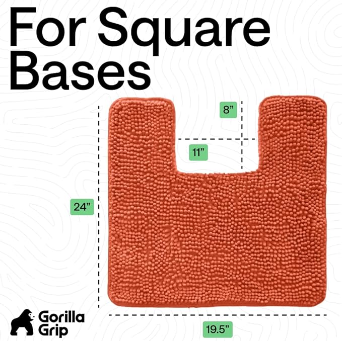 GORILLA GRIP Plush Absorbent Shaggy Chenille Bath Rug Mat for Square Toilet Base with Rubber Backing, Machine Washable Rugs, Soft Microfiber Contour Mats for Toilets, Bathroom Decor, Coral
