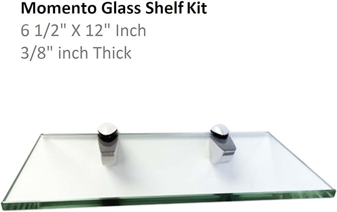 Momento Glass Shelf, 6.5" x 12" inch - 3/8 Inch Thick Clear Rectangle Shelf with 2 Free Chrome Brackets and Screws For Displacing Trophies, Awards, Pictures Frames, Paintings and Decoration Items