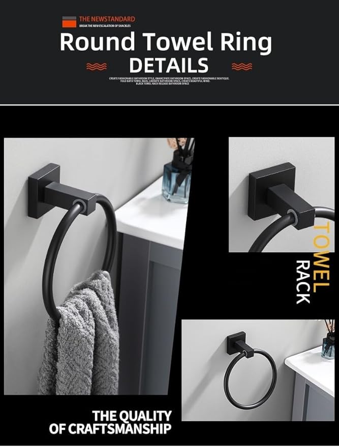 Matte Black Towel Ring,NSCMQSL Modern Hand Towel Ring Holder for Bathroom Wall Mounted,SUS304 Stainless Steel Construction Bathroom Black Towel Rack
