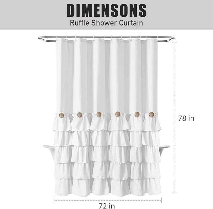 Seasonwood White Ruffle Shower Curtain Farmhouse Shower Curtain 72 X 78 inch Fabric Shower Curtains with Buttons & White Ruffles for Bathroom Bathtubs Decor Accessory