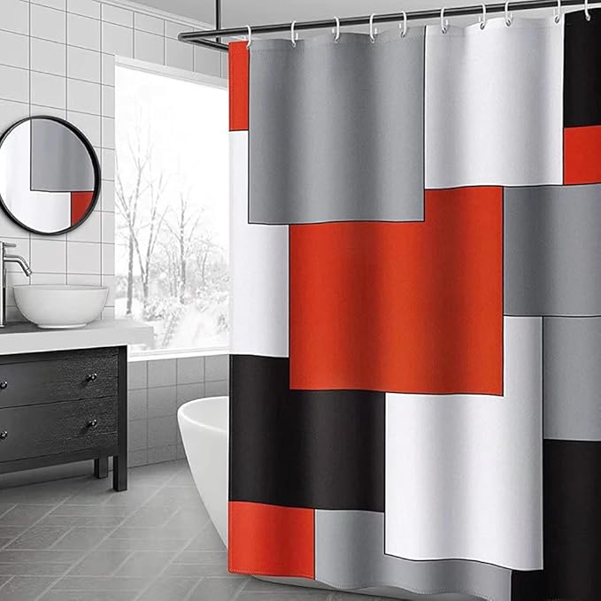 Yizheer 4Pcs Geometric Red Modern Bathroom Shower Curtain Set with 12 Hooks Bath Mat Toilet Cover U Shaped Mat- PEVA Material, 72x72 Inches, Bathroom Curtain for Bathtub (Red)