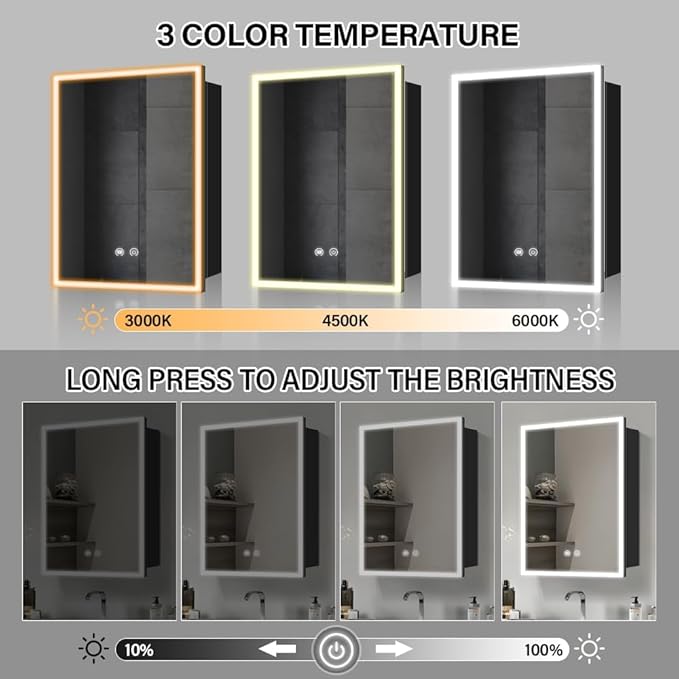 LED Medicine Cabinet,16x24inch,Recess Mirror Cabinet for Bathroom,3 Color,Dimmable,Demister, Detachable Side Panel for Recess Mount or Surface Mount,USB Shaver Socket, Internal Lighting