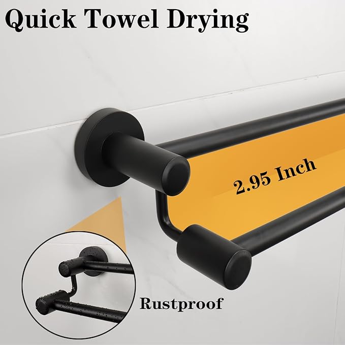TocTen Double Bath Towel Bar - Thicken SUS304 Stainless Steel Towel Rack for Bathroom, Bathroom Accessories Double Towel Rod Heavy Duty Wall Mounted Towel Holder (Black,24IN)