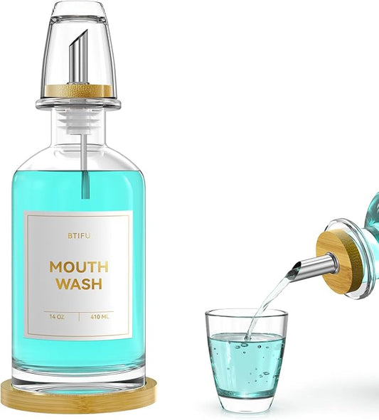 Glass Mouthwash Dispenser for Bathroom Countertop – 14oz/410ml Refillable Mouthwash Bottle with Stainless Steel Pour Spout & Bamboo Tray, Modern Decor for Home, Office, Airbnb (Clear)