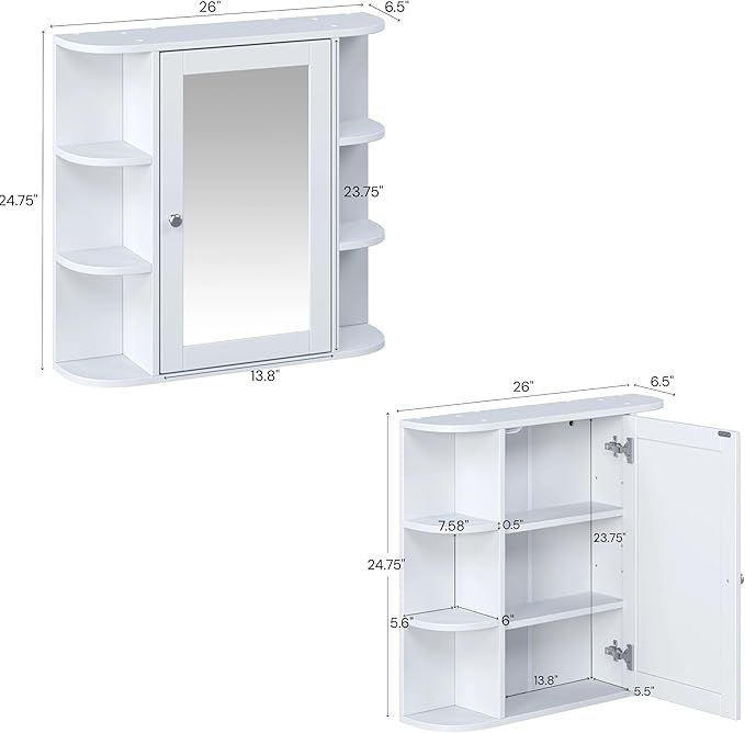 Merax Bathroom Wall Storage Cabinet with Mirror, 26 Inch Medicine Cabinet with Mirror Doors & Adjustable Wood Shelf, Space-Saving Modern Mounted Storage Cabinets with 6 Open Shelves, White